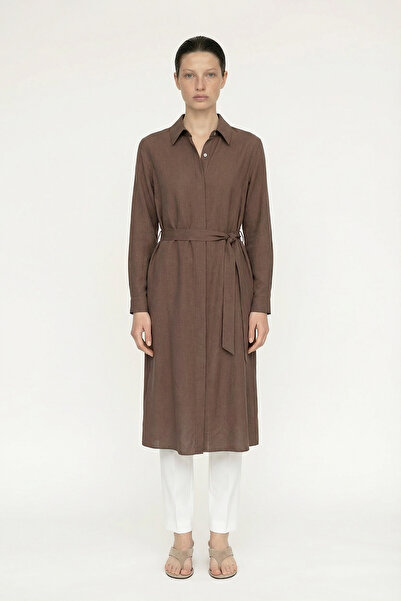 Zühre Belted Metal Button Detailed Classic Collar Brown Tunic 1628