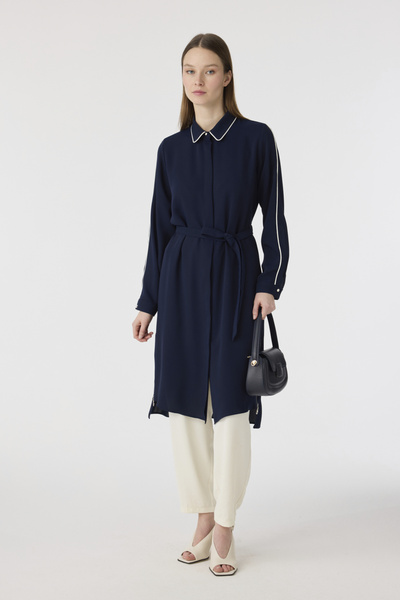 Zühre Piping Collar Belted Flowy Form Navy Blue Tunic 1646