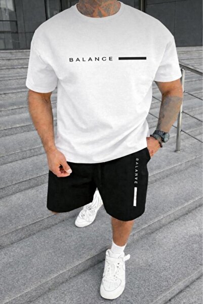 CAST COLLECTİON Men's White Balance Printed Black Shorts T-Shirt Set