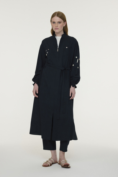 Zühre Zippered Belted Navy Blue Dress with Embroidery Detail 0011