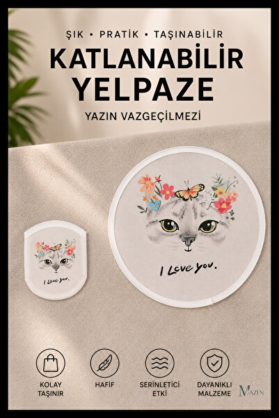 MAZEN Kedi Desenli Katlanabilir Yuvarlak Yazlık Taşınabilir El Yelpazesi