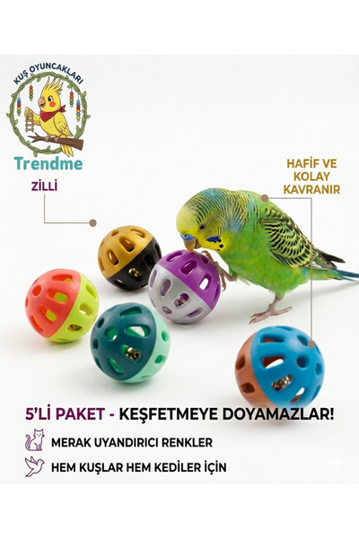 UniqBirdToys Trendme 5-Piece Bell Bird and Cat Play Ball Set