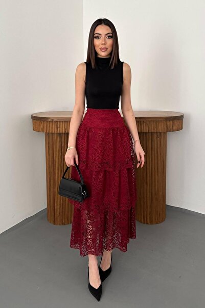 ozelia Burgundy Layered Lace Skirt