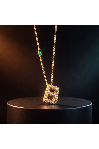 H&S AKSESUAR 14K Gold Kaplama B Harf Kolye Zirkon Taşlı Nazar Boncuklu Minima...