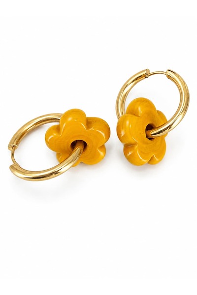 CHARMLUCKY Glass Flower Steel Hoop Earrings