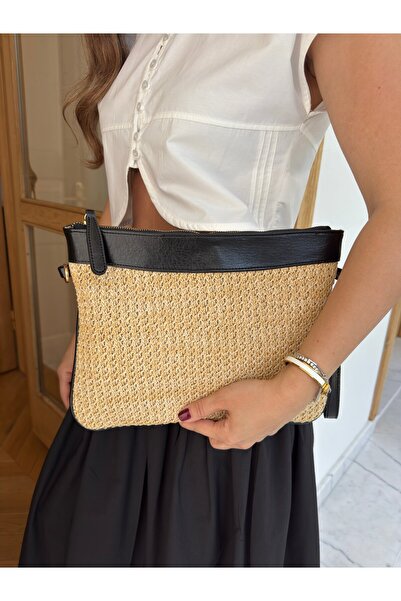 Tina İstanbul Leather Detailed Straw Hand and Shoulder Bag Black