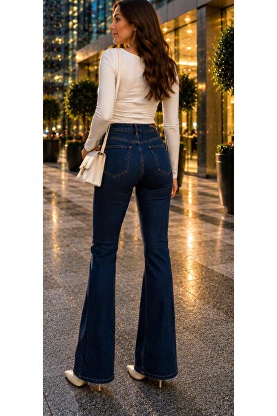 kotmodası Women's Navy Blue Spanish Leg Stretchy High Waist Jean Trousers
