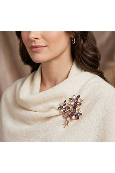 Daily Bazaar Mor Kristal Taşlı Büyük Buket Broş - Rose Altın Kaplama Özel Tas...
