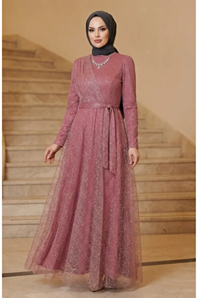 sefamerve Silvery Tulle Detailed Belted Hijab Evening Dress 5704-02 Dusty Rose