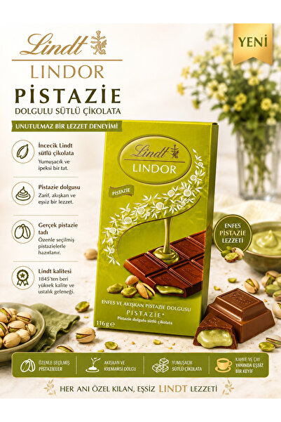 Lindt Lindor Pistazie Dolgulu Sütlü Çikolata 116g – Akışkan Antep Fıstığı Lez...