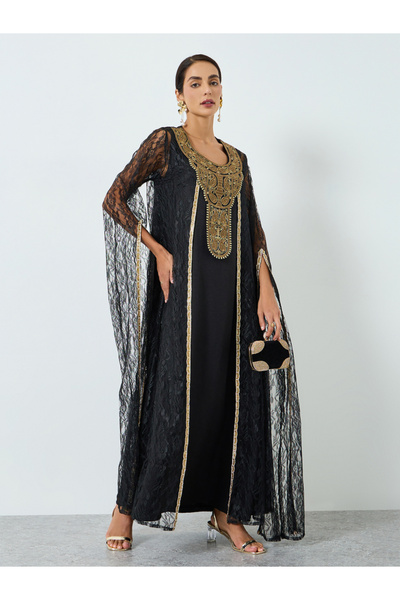 Maxim Creation By Styli Golden Embroidery Threadwork Jalabiya with Slit Sleeves