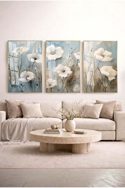Zevahir Mobilya Dekorasyon Ice Blue Toned White Flower Glass Painting Set of ...