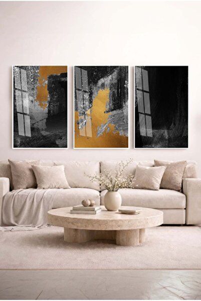 Zevahir Mobilya Dekorasyon Night Glittering Black, Gold Foil Abstract 3-Piece...