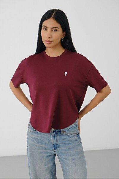 Shooter Sportswear Burgundy Women's Oversize Boxy T-Shirt Crew Neck Comfortab...
