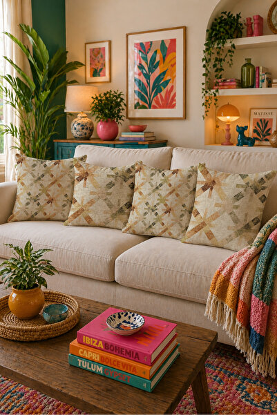LadiesHome Beige Geometric Patterned 4-Piece Throw Pillow Cover 43X43 cm Doub...