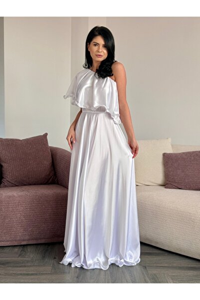 RAMONA BADESCU EXCLUSIVE Κομψό Λευκό Σατέν Μακρύ Φόρεμα με Βολάν και Ανοιχτού...