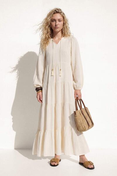 Hooopstore Beige Dress with Tassel Tie Detail