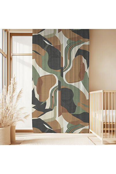 Hanna Home Yeşil Soyut Desenli Kadife Görünümlü Salon fon perde