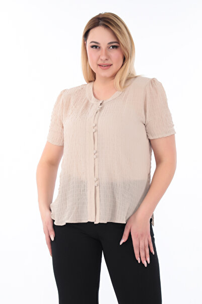 KİFAYET Plus Size Crew Neck Gipeli Short Sleeve Summer Women's Blouse