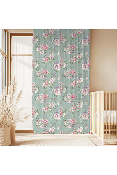 Hanna Home Yeşil Floral Desenli Kadife Görünümlü Salon fon perde