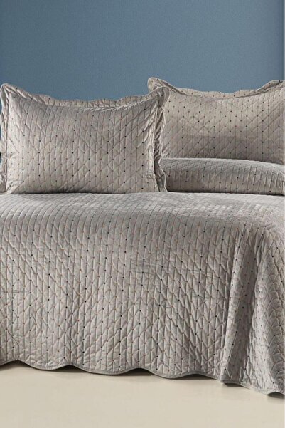 Çeyiz Diyarı Serelina Luxury Embroidered Velvet Double Bedspread Gray