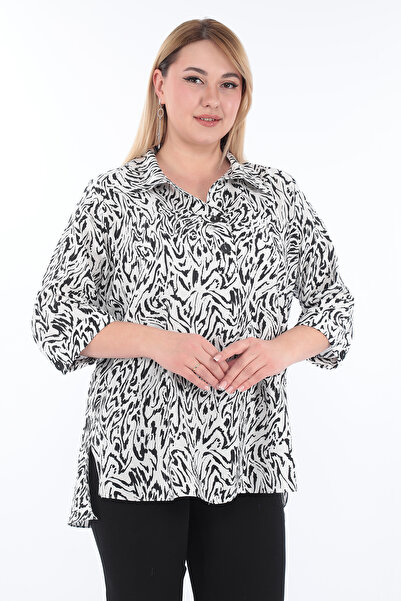 KİFAYET Plus Size (50-56) Zebra Printed Shirt Collar Three Quarter Sleeve Wom...