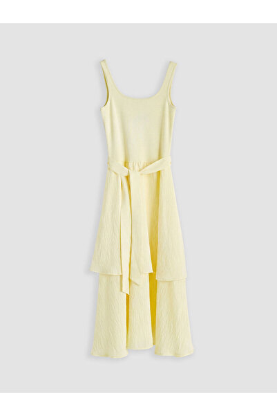 LC Waikiki Yellow U-Neck Belted Layered Dress