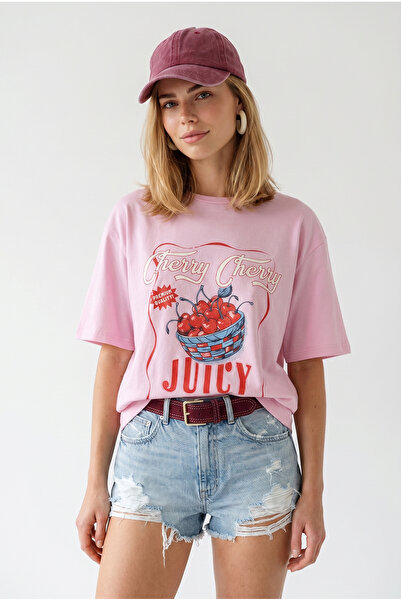 Olalook Women's Pink Cherry Juicy Loose Fit Cotton T-Shirt Tsh-19000998
