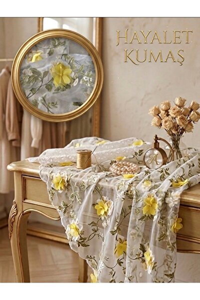 Hayalet kumaş Sarı çiçekli organze