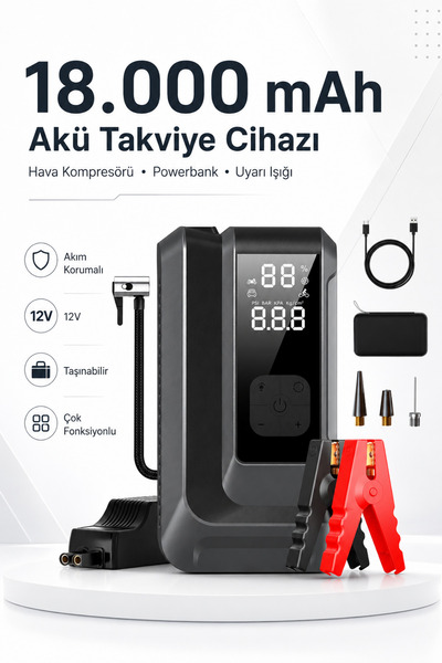 Seyoni 18.000 mAh Akım Korumalı Akü Takviye Cihazı, Lastik Şişirme Pompası, P...