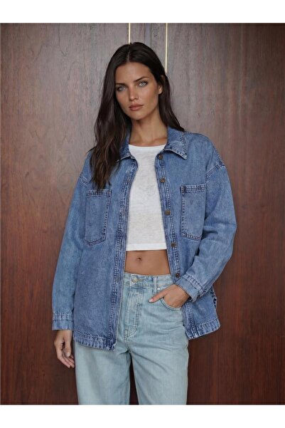 WeShaya Dark Blue Cotton Double Pocket Oversize Long Sleeve Buttoned Denim Ja...