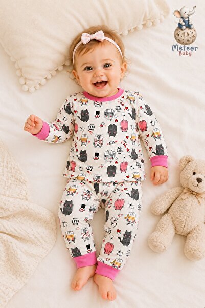METEOR BABY Baby Girl Set Cat Patterned Cotton Pajama Set