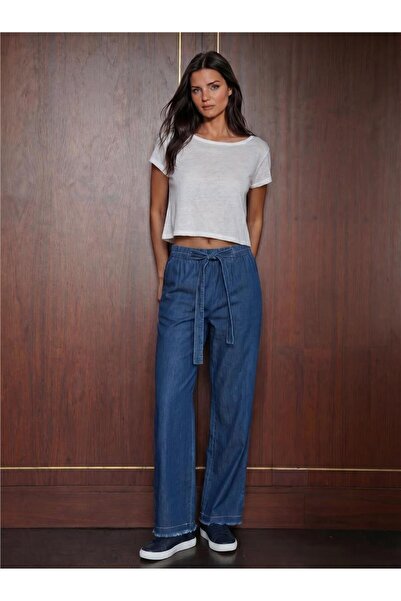 WeShaya Dark Blue Cotton Flexible Textured Wide Leg Straight Cut Comfortable ...