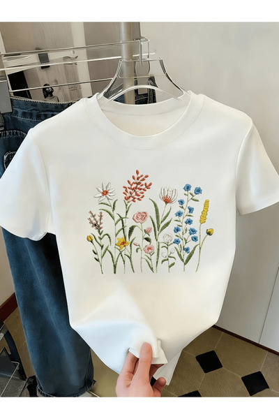 one button Tricou oversize premium cu imprimeu cu flori colorate de grădină