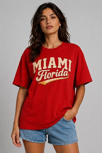 Lizbon Style Women's Oversize 100% Cotton Miami Printed Comfortable Fit T-Shi...
