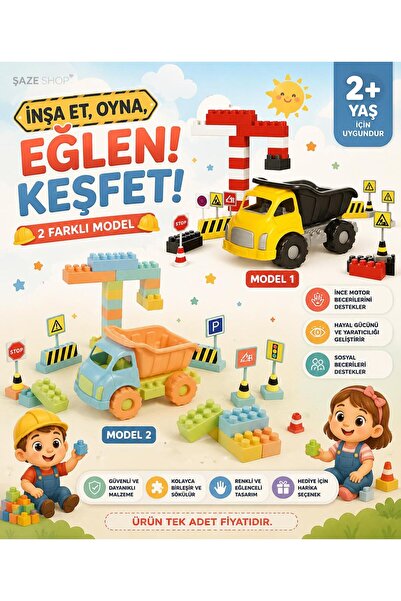 SAZE 2 Farklı Model İnşaat Blok Kamyon Seti Eğitici Oyuncak 2+ Yaş 40 Parca (...