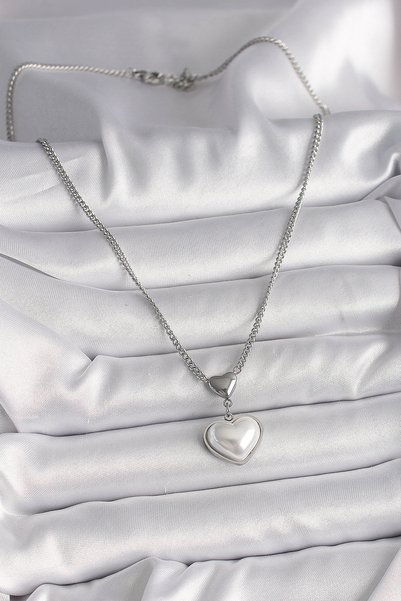 Generic Brand 316L Steel Silver Color Chain 3D Heart Model Women's Necklace 5886