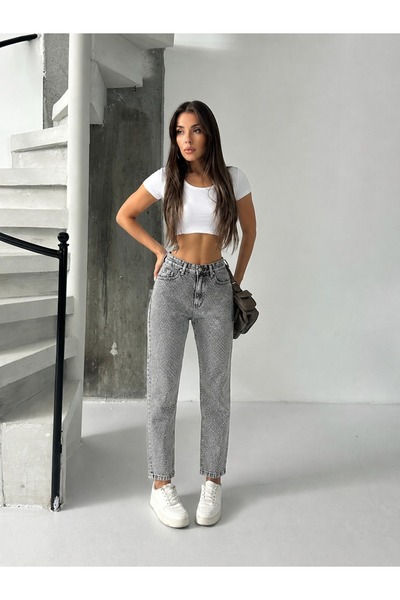 bluemarlin Gray Snow High Waist Front Leg Stone Accent Mom Jeans Denim Pants
