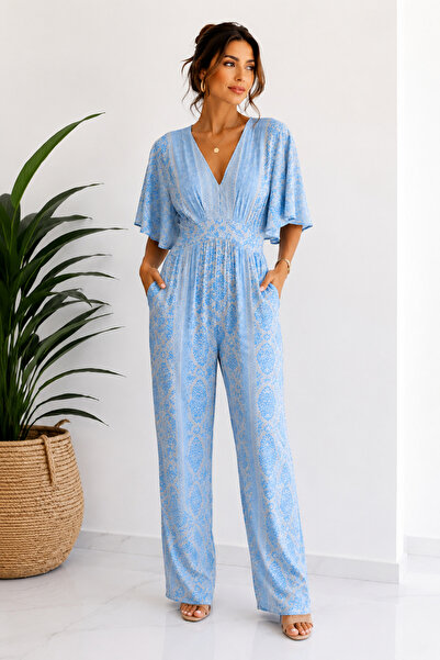 Diva Exclusive Fashion Pastel blue flowy jumpsuit with Printed and loose sleeves