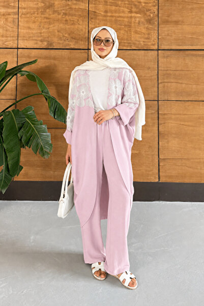 Miss Allos Women's Tulle Floral Embroidered Bat Sleeve Linen Suit