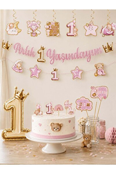 Parti Adresi 1 Yaş Temalı Kız Bebek Doğum Günü Seti Parti Paketi Pembe Gold