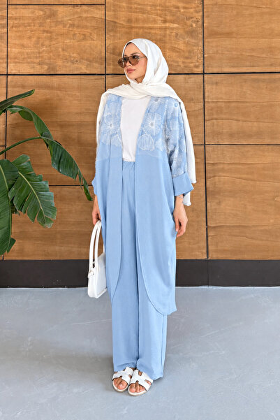 Miss Allos Women's Tulle Floral Embroidered Bat Sleeve Linen Suit