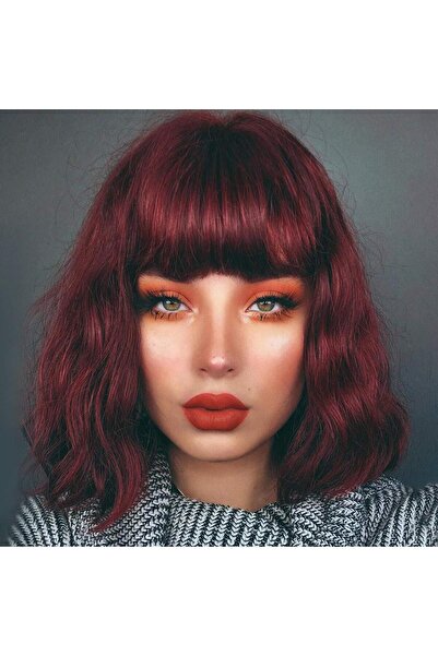 OEM Short bob wig with bangs, synthetic burgundy hair, wavy, 30 cm