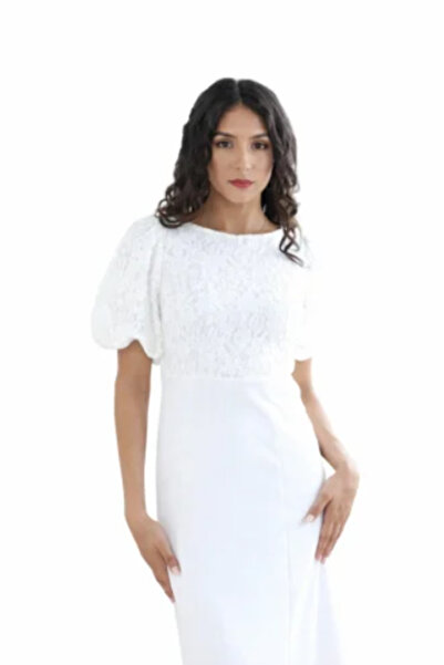 2TRENDY White Midi Dress with Asymmetrical Hem, Lace in the Chest Area and Pu...