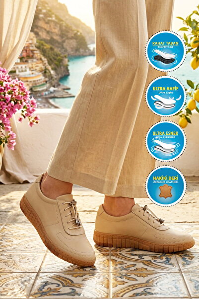 AYAKMOD Beige Genuine Leather Orthopedic Women's Casual Shoes 420 Z