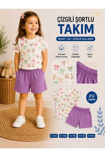 Kinlee Kız Çocuk Fiyonk Desenli Şortlu Takım Yazlık 2’li Takım