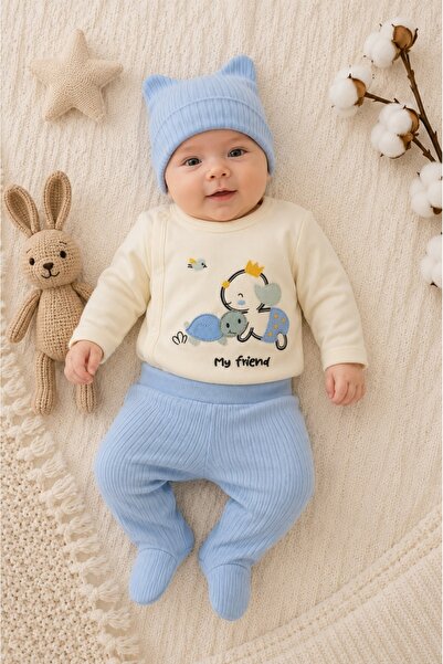 Pure Boutique Compleu bebe bleu din bumbac cu caciulita si imprimeu my friend...