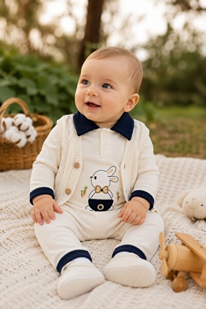 Pure Boutique Baby boy 3-piece cream suit with bunny bodysuit, pants and knit...