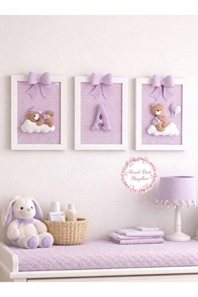Keçeli parti hayalleri Baby Children's Room 3-Piece Frame Set with Teddy Bear