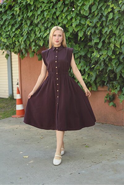Siyezen Padded Tencel Plum Color Dress with Elastic Waist